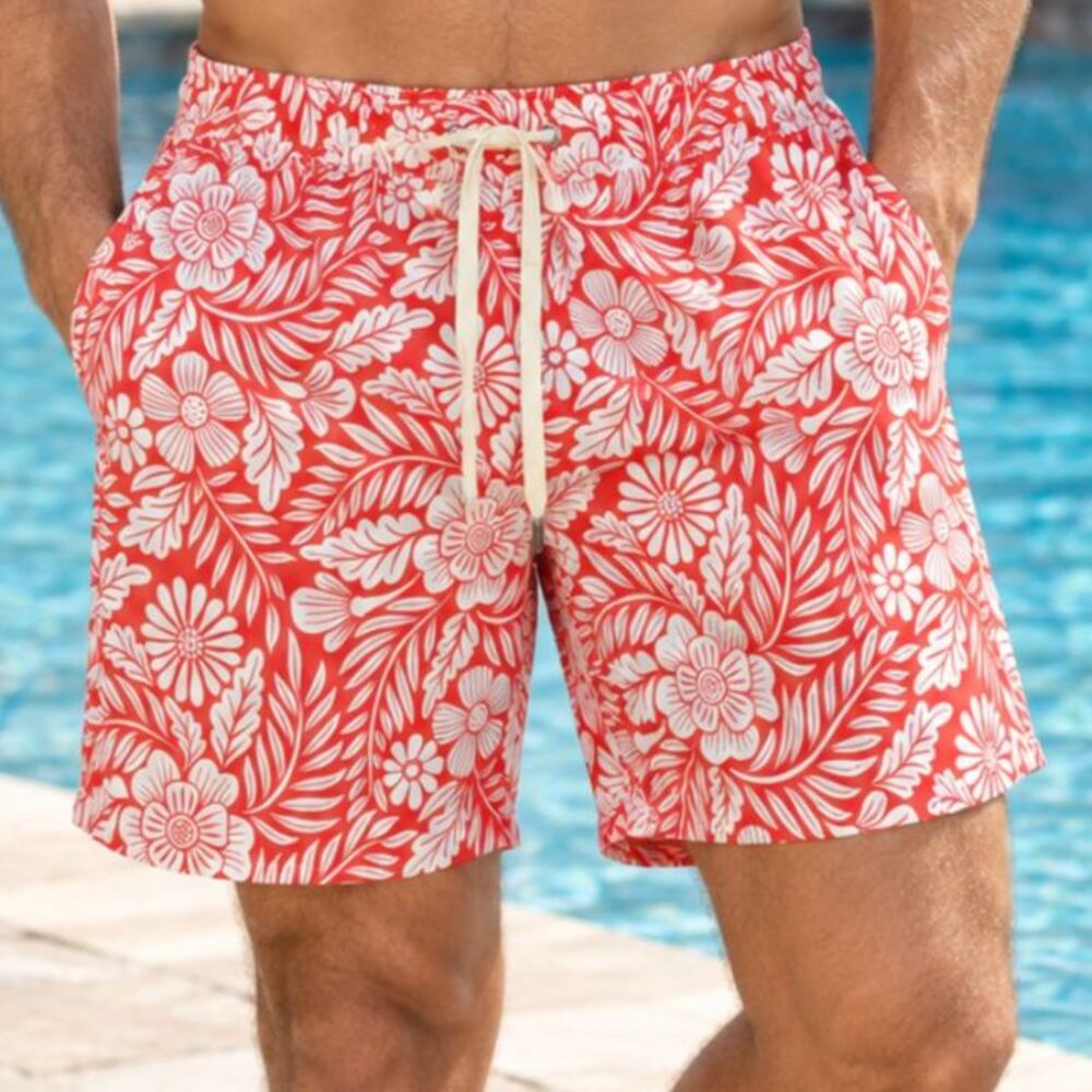 Fair Harbor Mens Size Medium Swim Trunks Red White Floral Lined Drawstring